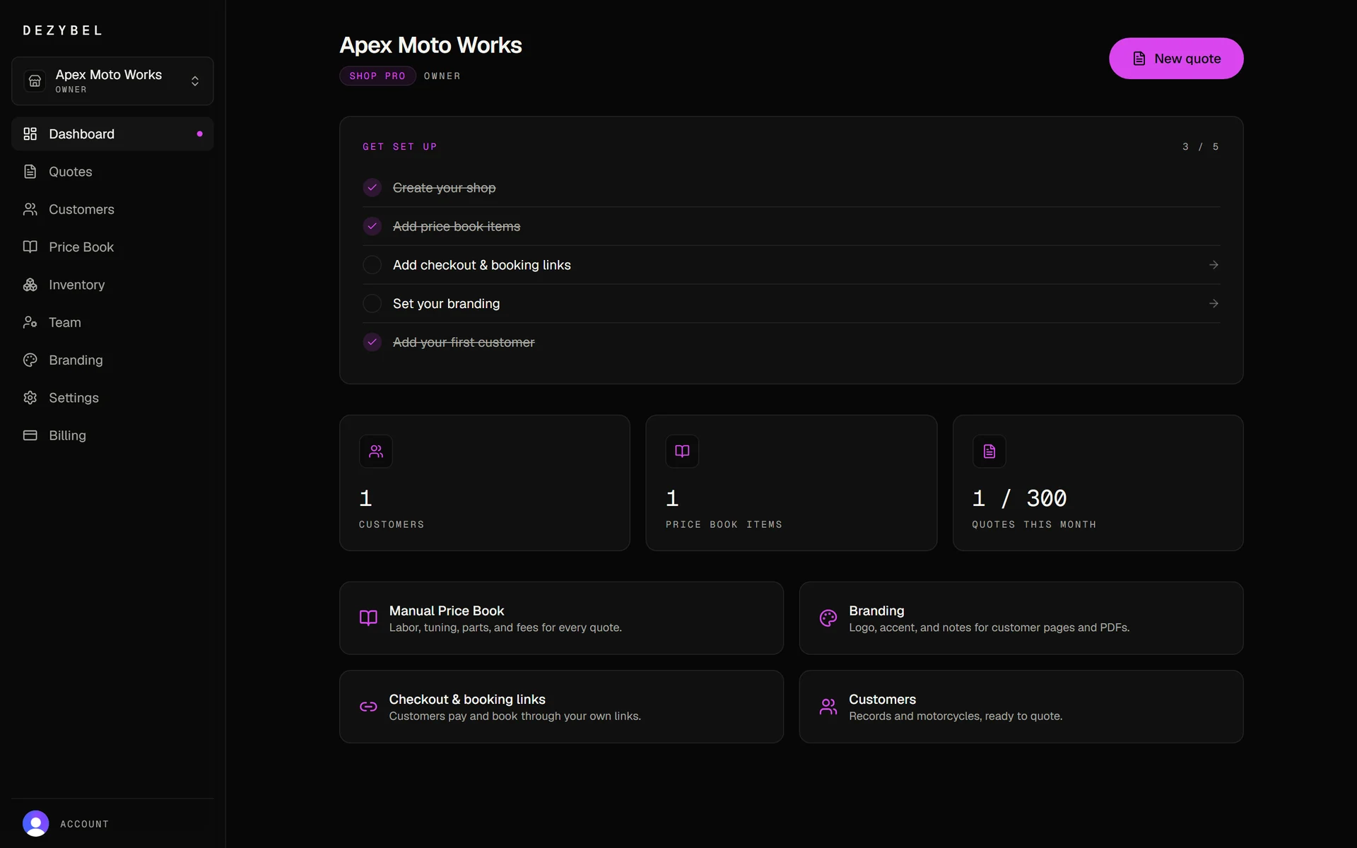 The Dezybel shop dashboard: customer quotes, price book, and inventory in one place.